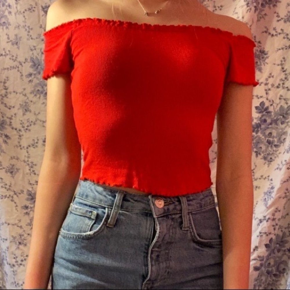 GARAGE Red Lettuce Trim Off Shoulder Crop Top